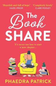 Book cover for The Book Share by Phaedra Patrick. A woman sits cross legged on a yellow armchair with stacks of books either side of her. The background is red and book title in white with the author's name in yellow
