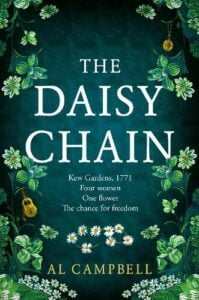 book cover for The Daisy Chain by Al Campbell. A dark blue background with a daisy chain and a padlock