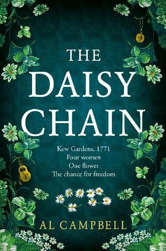 book cover for The Daisy Chain by Al Campbell.  A dark blue background with a daisy chain and a padlock