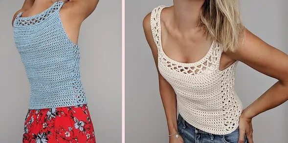 Two photos showing the front and back of a crochet top