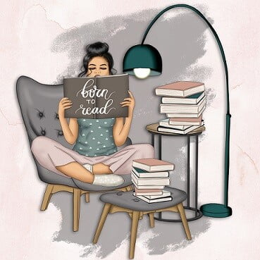 vector image - a woman is sitting cross legged in a chair with a pile of books around her
