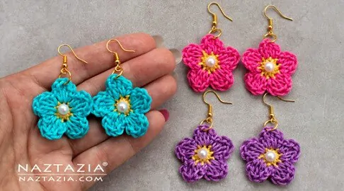3 pairs of crochet flower earrings in pink, purple and turquoise