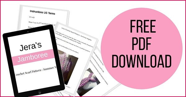 holding image linked to a free PDF crochet lacy scarf pattern