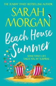 book cover Beach House Summer by Sarah Morgan. Vector of two woman sitting in deckchairs facing away from the reader