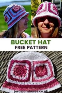 montage of three photos 1) a woman wearing a bucket hat is looking to the side 2) and looking to the front 3) a crochet bucket hat laid out flat