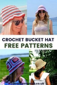 montage of four photos showing crochet bucket hats being worn by women