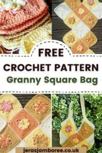 montage of four photos showing granny squares, the bag layout, joined together and displayed hanging