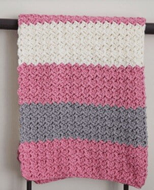 crochet baby blanket in raspberry, grey and white
