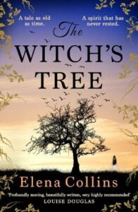 Book cover for The Witch's Tree by Elena Collins. Sunset with a leafless tree in the middle and a figure in the distance