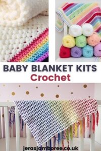 Montage of three photos showing rainbow baby blankets crocheted from a kit