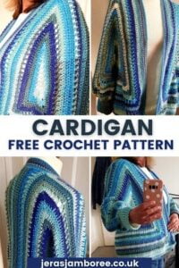 Montage of 4 photos showing the side and front view of a crocheted cardigan