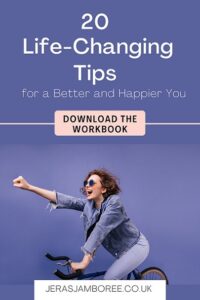 purple background with a woman riding a bicycle and smiling