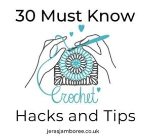 vector drawing of a woman's hands crocheting a granny square with the title '30 must know crochet hacks and tips'