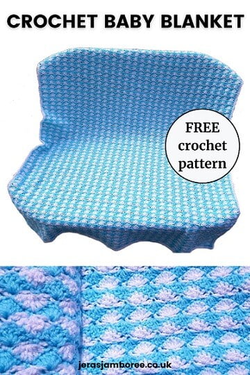 crochet shells baby blanket styled full length and a close up photo of the pattern