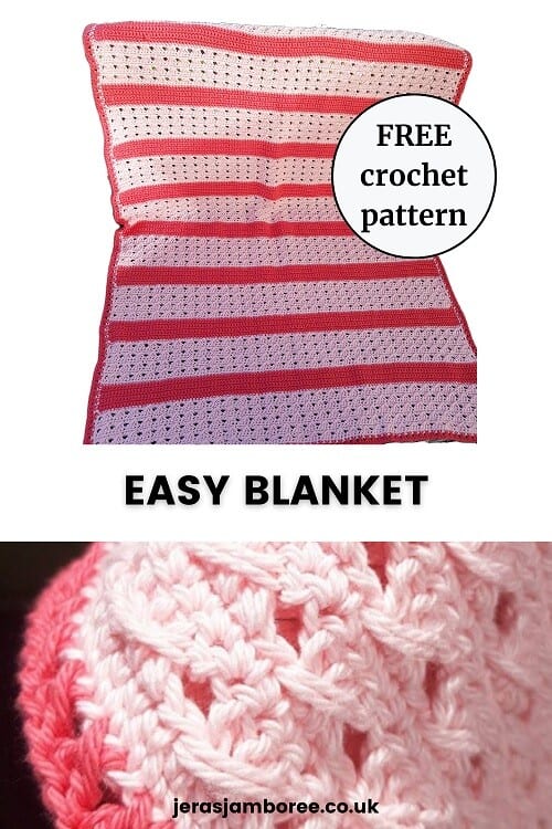 montage of two photos showing a crochet blanket in light and dark pink in full and a close up of the crochet stitches