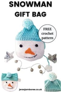 montage of 3 images showing a crochet gift bag in the shape of a snowman head and hat filled, unfilled and a close up of its hat