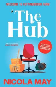 book cover for The Hub by Nicola May. A vector showing an office chair, bale of hay and pitchfork and a cockerel