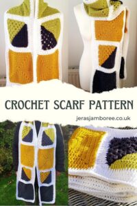 montage of 4 photos showing a granny square scarf styled on a mannequin and on a woman