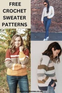 montage of 3 photos showing women wearing different beginner-friendly sweaters