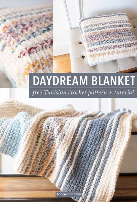 a montage of three photos showing different focuses on a Tunisian crochet blanket