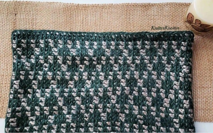 a cowl in a diamond pattern created from Tunisian Crochet