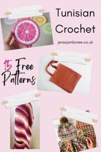 montage of four photos showing Tunisian crochet projects: coaster, tote bag, pocket shawl and hat and scarf