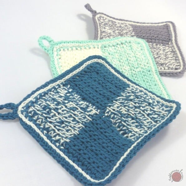 3 potholders crocheted in Tunisian Straw Stitch