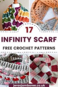 montage of four photos showing four different crochet infinity scarves - checkered, hearts, granny square and chevron