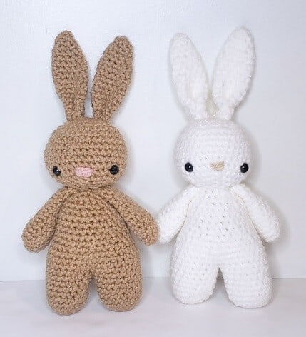2 traditional bunnies crocheted in brown and white
