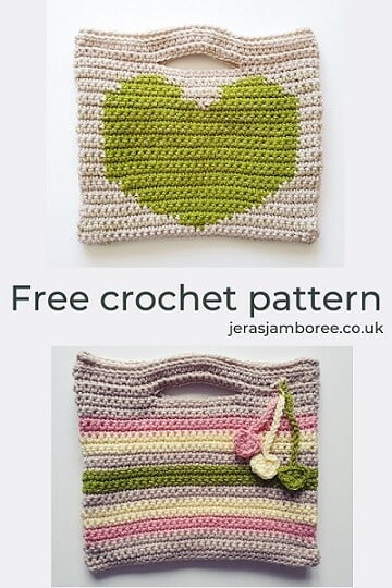 Montage of two photos showing the front and back of a crochet heart tote bag 1) a green heart 2) stripes and a crochet heart bag charm