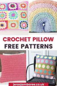 montage of four photos showing crocheted pillows made from different designs 1) granny squares 2) rainbow 3) simple pillow 4) circles