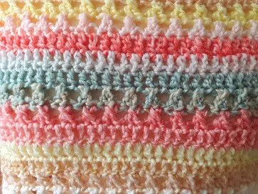 Close up of crochet stitches 3 rows of treble/double crochet and 2 rows of crossed treble/double stitches used in a poncho