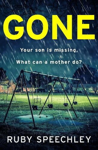 book cover for Gone by Ruby Speechley. it's dark and raining and the main focus is a set of empty swings in a park