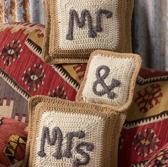3 pillows with the words Mr on one, & on one, Mrs on one