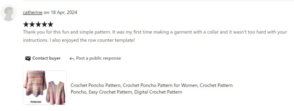 18th April 2024 5 star review on Etsy from Catherine. Text reads: Thank you for this fun and simple pattern. It was my first time making a garment with a collar and it wasn't too hard with your instructions. I also enjoyed the row counter template."