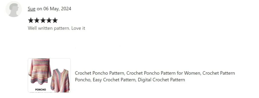 5 star review from Etsy on 6th May 2024. Text reads "well written pattern. Love it"
