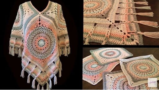 Montage of three photos 1) completed mandala design crochet poncho  2) edge and tassels of the poncho 3) granny squares used to construct the boho poncho