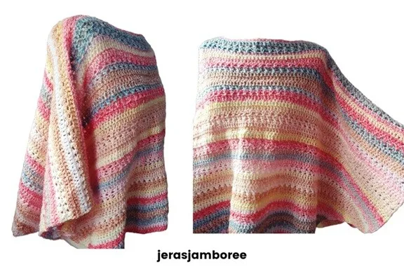 Two views of a colorful crochet poncho, made with pastel-striped yarn in hues of pink, yellow, blue, and cream. The left image shows a side angle, highlighting the poncho's drape and open stitch work, while the right image shows a front view with horizontal striping. The text "jerasjamboree" appears at the bottom center.