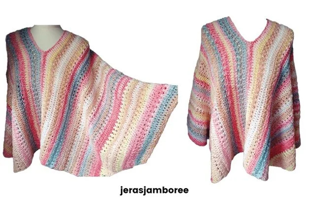 Two views of a V-neck crochet poncho featuring pastel vertical stripes in pink, cream, yellow, and blue. The left image shows the poncho displayed on a mannequin with one side flared out, highlighting the drape, while the right image presents a full front view. The text “jerasjamboree” is centered at the bottom.