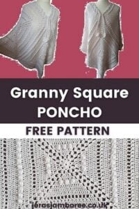 montage of three photos showing 1) granny square poncho full width 2) front view of the poncho 3) close up of a granny square