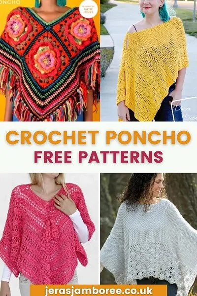 montage of four photos showing different style crochet ponchos in different colours