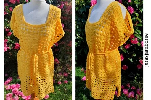 An open stitch crochet dress in yellow is styled on a mannequin showing the front and side view of the dress
