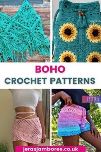 montage of four photos showing 1) crochet boho top in turquoise 2) boho crochet bag 3) crochet mini skirt 4) bohemian crochet shorts in bright colours