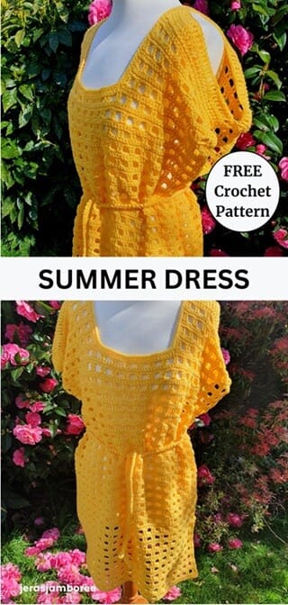 Bright yellow crochet summer dress with open lace stitch detail and tie waist, shown on a mannequin outdoors against pink flowers, with text overlay “Summer Dress” and “Free Crochet Pattern.”