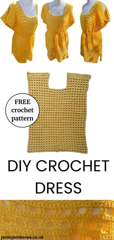 montage of 5 images - 1, 2 and 3 images a yellow dress styled on a mannequin showing front and side views, underneath these images is an image of the crochet dress laid flat and the last image is a close up of the stitches