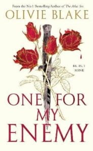 Book cover for One For My Money by Olivie Blake. Four red roses entwine around a dagger with a drop of blood falling from one of the roses