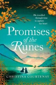 Book cover for Promises of the Runes by Christina Courtenay. A couple are walking through ice and snow with mountains either side of them and in the distance