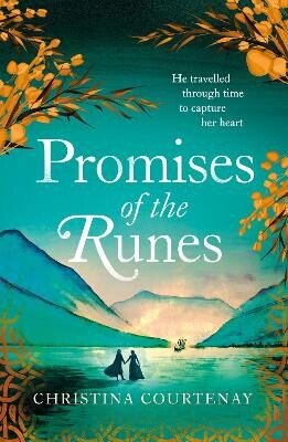 Book cover for Promises of the Runes by Christina Courtenay. A couple are walking through ice and snow with mountains either side of them and in the distance