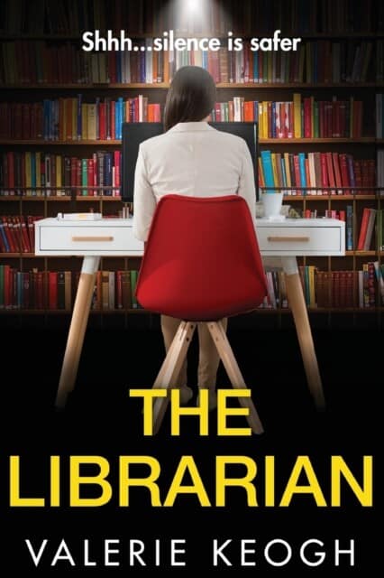 book cover for The Librarian by Valerie Keogh. A woman in a white blouse is sat in a red chair facing a bookcase