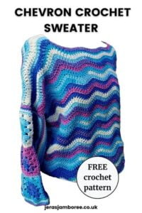 Sweater in self-striping blue and purple yarn crocheted in chevron front and back and with granny square sleeves